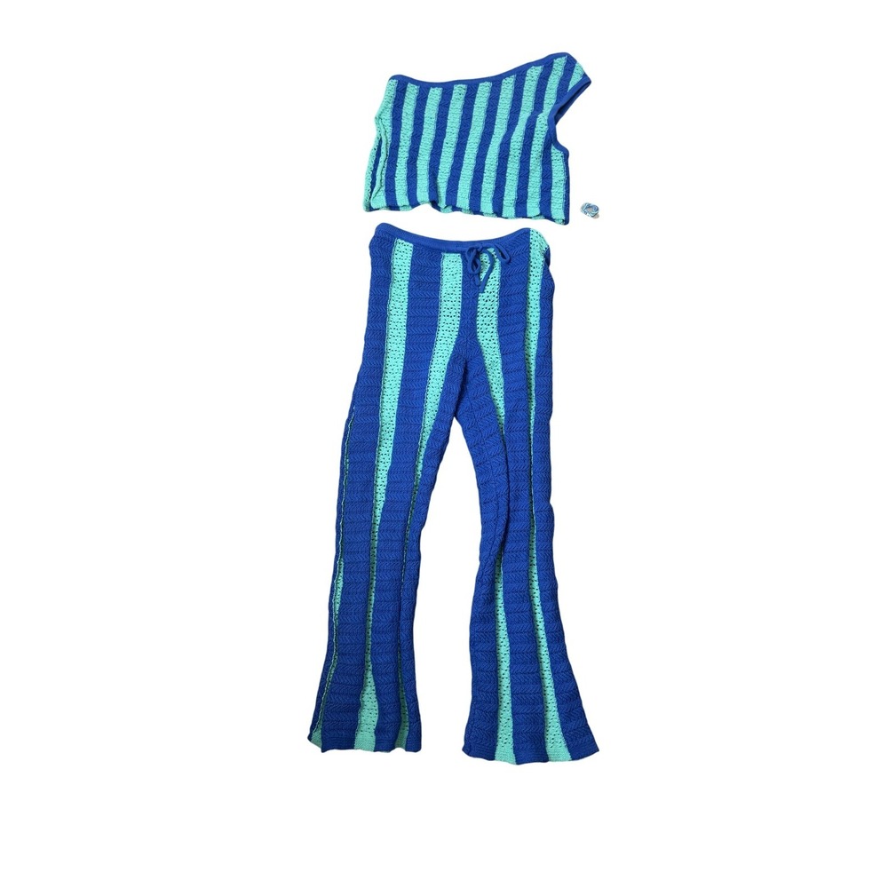 Free-est Lounge Set Womens XS‎ Blue Striped Crochet Sweater Pants One Shoulder
